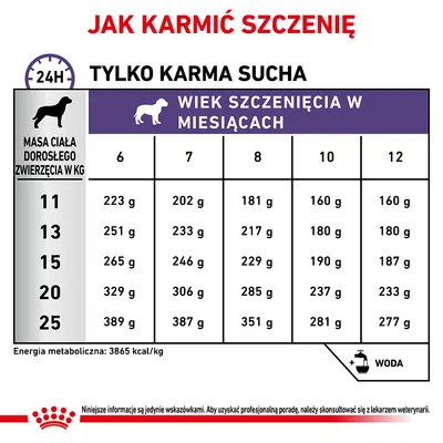 Tabela żywienia szczeniąt: masa ciała dorosłego psa 11–25 kg, wiek 6–12 miesięcy, dawki karmy suchej 160–389 g dziennie. Energia metaboliczna: 3865 kcal/kg. Woda zalecana.