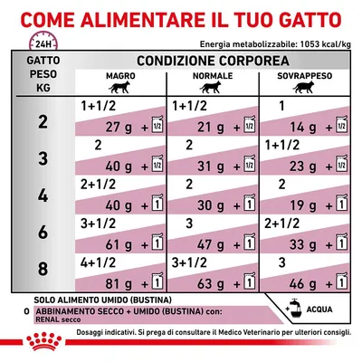 Tabella consigli alimentari per gatti: dosi giornaliere in base a peso (2–8 kg) e condizione corporea (magro, normale, sovrappeso), con opzioni solo umido o combinato secco+umido.