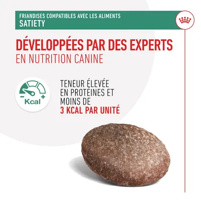 Friandises compatibles avec les aliments Satiety. Développées par des experts en nutrition canine. Teneur élevée en protéines et moins de 3 kcal par unité.