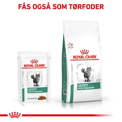 ROYAL CANIN VETERINARY Satiety Weight Management kattefoder, vådfoder og tørfoder. Tekst øverst: Fås også som tørfoder.