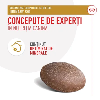 Recompense compatibile cu dietele Urinary S/O, concepute de experți în nutriția canină, conținut optimizat de minerale. Imagine cu o recompensă maro pentru câini.
