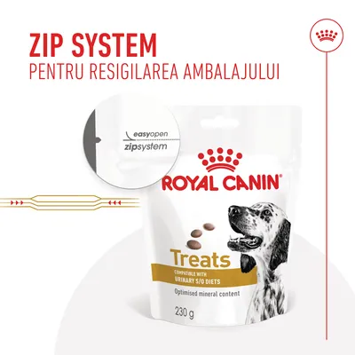 ROYAL CANIN Treats 230 g, sistem zip pentru resigilarea ambalajului, text vizibil: easyopen zipsystem, compatibil cu URINARY S/O DIETS, optimised mineral content.