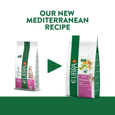 Porovnanie starého a nového balenia krmiva pre psy Libra High Energy Chicken s textom „OUR NEW MEDITERRANEAN RECIPE“ (text v angličtine).