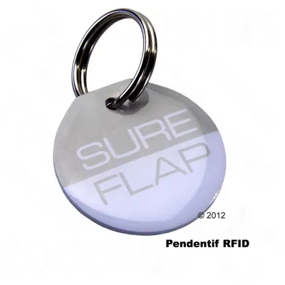 Přívěsek s kovovým kroužkem, nápis SURE FLAP, text Pendentif RFID. Viditelný rok © 2012.