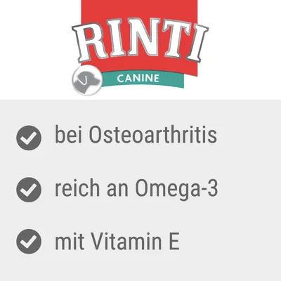 Rinti Canine. Geeignet bei Osteoarthritis, reich an Omega-3, mit Vitamin E.