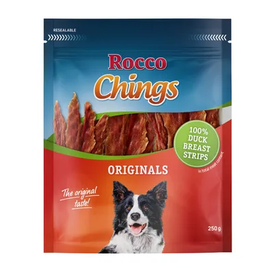 Rocco Chings Originals, 100% Duck Breast Strips, 250g. Verpackung mit Bild eines Hundes und Hinweis 'The original taste!'.