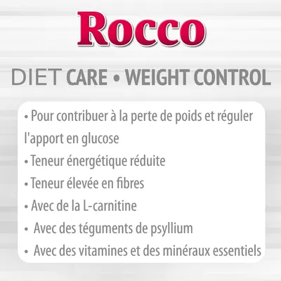 Rocco DIET CARE WEIGHT CONTROL. Pour contribuer à la perte de poids, teneur énergétique réduite, fibres élevées, L-carnitine, psyllium, vitamines et minéraux essentiels.