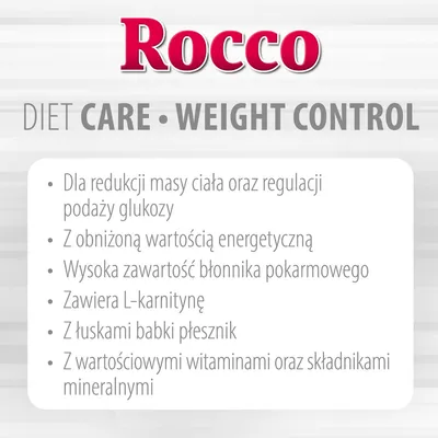 Rocco Diet Care Weight Control: dla redukcji masy ciała, regulacji podaży glukozy, obniżona wartość energetyczna, błonnik, L-karnityna, łuski babki płesznik, witaminy i minerały.