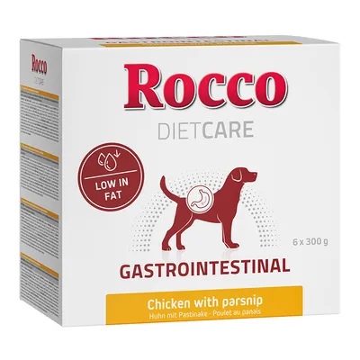 Rocco DietCare Gastrointestinal, piletina s pastrnjakom, malo masnoće, 6 x 300 g. Pakiranje prikazuje psa s simbolom želuca.