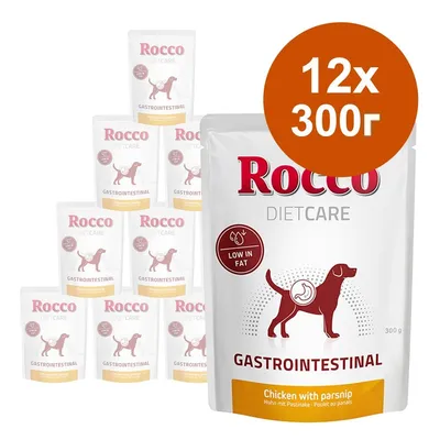 Rocco Diet Care Gastrointestinal, 12x300 г паучове. Видим текст: Low in fat, Chicken with parsnip. Опаковки с изображение на куче и стомах.