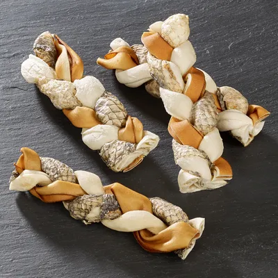 Braided dog chews made from fish skin and leather strips, three pieces on a dark background.