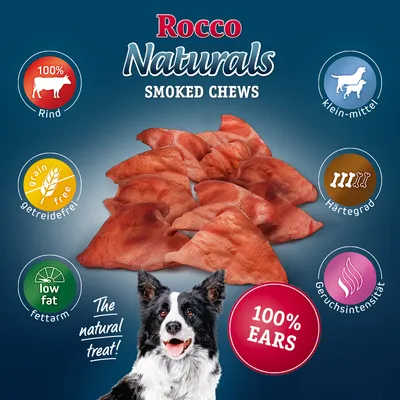 Rocco Naturals Smoked Chews, 100 % Rind, grain free, low fat, 100 % ears, échelle de dureté à 4 os, intensité d’odeur, pour chiens petits-moyens. Texte en anglais et allemand.