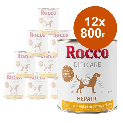 Rocco Diet Care Hepatic, 12 консерви по 800 г. Видими надписи: Highly digestible protein, Chicken, oat flakes & cottage cheese.