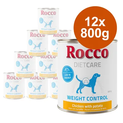 Lot de 12 boîtes Rocco Diet Care Weight Control, 800 g chacune, Chicken with potato, mention Low in energy visible sur l’étiquette.