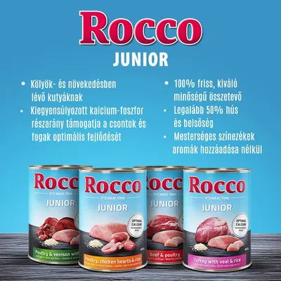 Rocco Junior konzerv kutyatáp. Kölyök- és növekedésben lévő kutyáknak, legalább 50% hús és belsőség, mesterséges színezékek és aromák nélkül, többféle ízben.