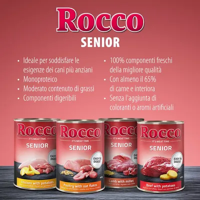 Rocco Senior, cibo umido per cani anziani. Testo: ideale per esigenze dei cani più anziani, monoproteico, 65% carne e interiora, senza coloranti o aromi artificiali. Lattine visibili.