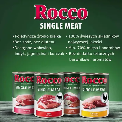Rocco Single Meat. Pojedyncze źródło białka, bez zbóż i glutenu, 100% świeżych składników, min. 70% mięsa i podrobów. Dostępne: wołowina, indyk, jagnięcina, kurczak.