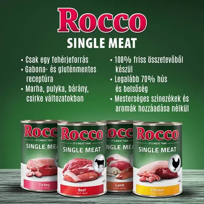 Rocco Single Meat konzerv kutyaeledel. Csak egy fehérjeforrás, gabona- és gluténmentes, 100% friss összetevő, legalább 70% hús, mesterséges színezékek nélkül.