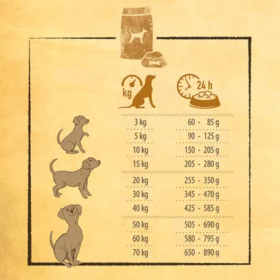 Fodringsanbefaling til hunde baseret på vægt: 3kg - 60-85g, 5kg - 90-125g, 10kg - 150-205g, op til 70kg - 650-890g dagligt. Synlige symboler for vægt og daglig fodring.