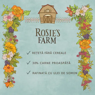 Rosie's Farm. Rețetă fără cereale, 30% carne proaspătă, rafinată cu ulei de somon.