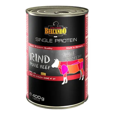 Belcando Dog Food Single Protein Rind Pure Beef, 400 g. Testo in tedesco: 'Super Premium Quality', 'Made in Germany', 'auf die zutaten kommt es an'. Immagine di una mucca stilizzata.