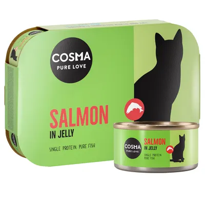 Cosma Pure Love Salmon in Jelly. Single Protein, Pure Fish. Verpackung und Dose mit grünem Design und schwarzer Katzensilhouette.