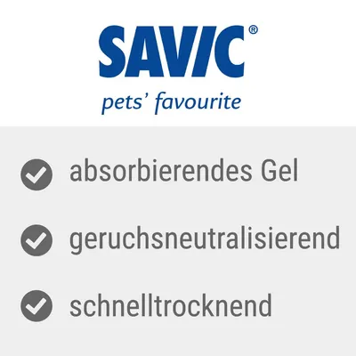 Savic. absorbierendes Gel, geruchsneutralisierend, schnelltrocknend.