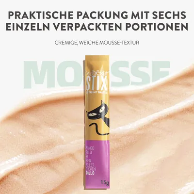 Schesir Stix Creamy Snacks mit Huhn, praktische Packung mit sechs einzeln verpackten Portionen, cremige, weiche Mousse-Textur, 15g pro Portion.