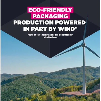 Ympäristöystävällinen pakkaus, tuotanto osittain tuulienergialla. 25 % energiantarpeestamme katetaan tuulivoimalla. Ympäristöystävällinen pakkaus, tuotanto osittain tuulienergialla. 25 % energiantarpeestamme katetaan tuulivoimalla.