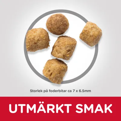 Storlek på foderbitar ca 7 × 6,5 mm. UTOMRÄKT SMAK.