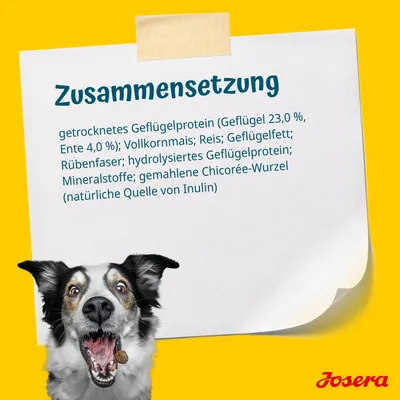 Zusammensetzung: Geflügelprotein 23%, Ente 4%, Vollkornmais, Reis, Geflügelfett, Rübenfaser, Chicorée-Wurzel (Inulinquelle). Marke Josera.