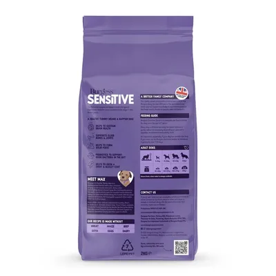 Sensitive pet food packaging showing benefits for digestion, feeding guide for adult dogs by weight, and icons indicating recipe excludes wheat, maize, beef, soya, eggs, and dairy.