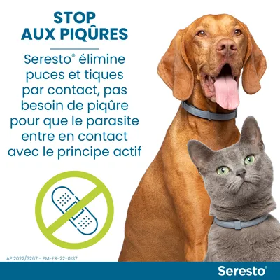 STOP AUX PIQÛRES. Seresto élimine puces et tiques par contact, pas besoin de piqûre pour que le parasite entre en contact avec le principe actif. Seresto