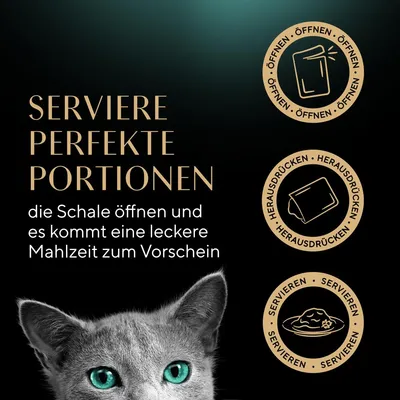 Serviere perfekte Portionen: Schale öffnen, herausdrücken und servieren. Anleitung mit Icons für Öffnen, Herausdrücken und Servieren. Katze mit grünen Augen sichtbar.