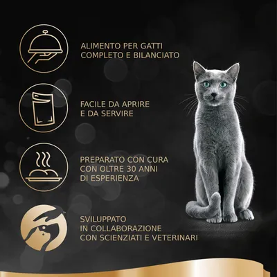 Alimento per gatti completo e bilanciato, facile da aprire e servire, preparato con oltre 30 anni di esperienza, sviluppato in collaborazione con scienziati e veterinari.