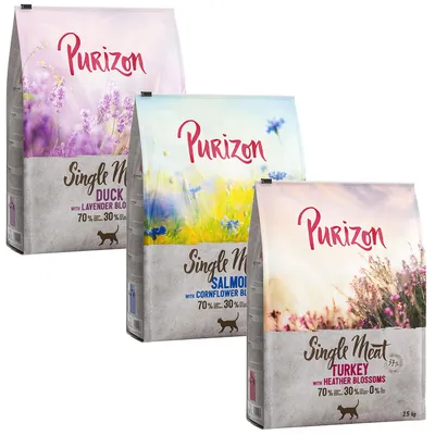 Purizon Single Meat Trockenfutter für Katzen: Ente mit Lavendelblüten, Lachs mit Kornblumen, Truthahn mit Heideblüten. 70% Fleisch, 30% Gemüse, 0% Getreide. Packungsgrösse 2,5 kg.