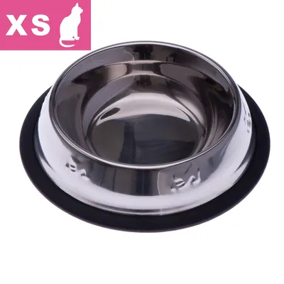 Kattesymbol og teksten XS øverst til venstre. Lille madskål i rustfrit stål med sort gummiring i bunden, egnet til katte i størrelse XS.