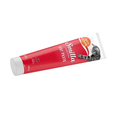 Tuba Smilla Cat Paste, Multi-Vitamin, 200 g, s obrázkem kočky a textem With Vitamins.
