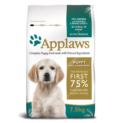 Applaws Complete Puppy Food, 7,5 kg. 75 % piščanca z zelenjavo in naravnimi izvlečki, brez žit, aktivni probiotik. Za mladiče majhnih in srednjih pasem. Besedilo v angleščini.