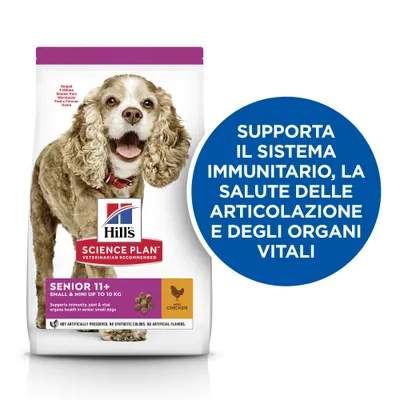 Hill's Science Plan Senior 11+ Small & Mini fino a 10 kg con pollo. Supporta il sistema immunitario, la salute delle articolazioni e degli organi vitali. Testo in inglese visibile.