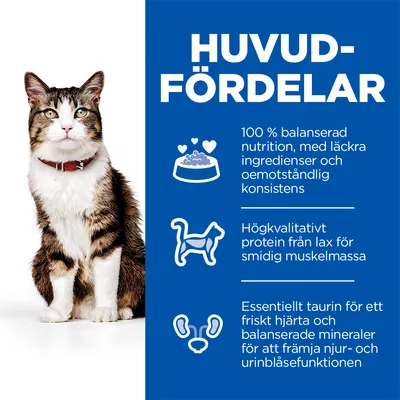 HUVUDFÖRDELAR: 100 % balanserad nutrition, högkvalitativt protein från lax för smidig muskelmassa, essentiellt taurin och mineraler för hjärta, njur- och urinblåsefunktion.