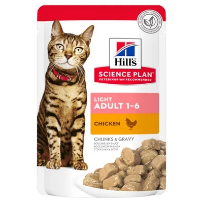 Hill's Science Plan Light Adult 1-6 Chicken Chunks & Gravy. No artificial preservatives, flavours or colours. Pouch shows chunks in gravy and a cat image.