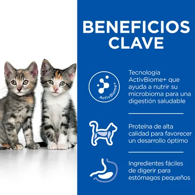 Beneficios clave: tecnología ActivBiome+ para la digestión, proteína de alta calidad para desarrollo óptimo, ingredientes fáciles de digerir para estómagos pequeños. Imagen de dos gatitos.