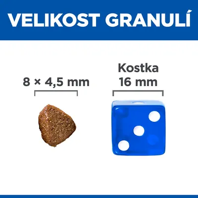 Velikost granulí: granule 8 × 4,5 mm vedle modré kostky 16 mm pro porovnání velikosti.