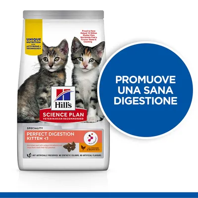 Hill's Science Plan Perfect Digestion Kitten <1 con pollo e riso integrale, promuove una sana digestione. Immagine di due gattini sulla confezione.