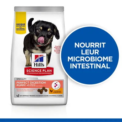 Hill's Science Plan Perfect Digestion Puppy <1 an, poulet & riz brun, sac avec chiot, texte : nourrit leur microbiome intestinal, Unique Nutrition ActivBiome+ Technology.