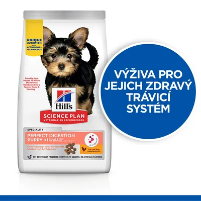 Hill's Science Plan Perfect Digestion Puppy <1 Small & Mini s kuřetem a hnědou rýží, nápis: Výživa pro jejich zdravý trávicí systém.