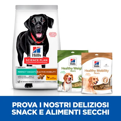 Confezione Hill's Science Plan Perfect Weight & Active Mobility per cani grandi, snack Healthy Weight e Healthy Mobility Treats. Testo: Prova i nostri deliziosi snack e alimenti secchi.