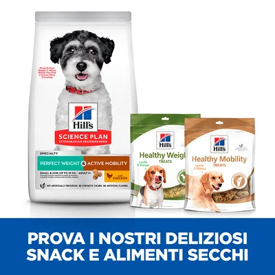 Confezioni Hill's Science Plan Perfect Weight & Active Mobility, Healthy Weight Treats e Healthy Mobility Treats per cani. Testo: Prova i nostri deliziosi snack e alimenti secchi.
