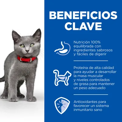 Beneficios clave: nutrición 100% equilibrada, proteína de alta calidad para masa muscular y peso adecuado, antioxidantes para sistema inmunitario sano. Texto en español.